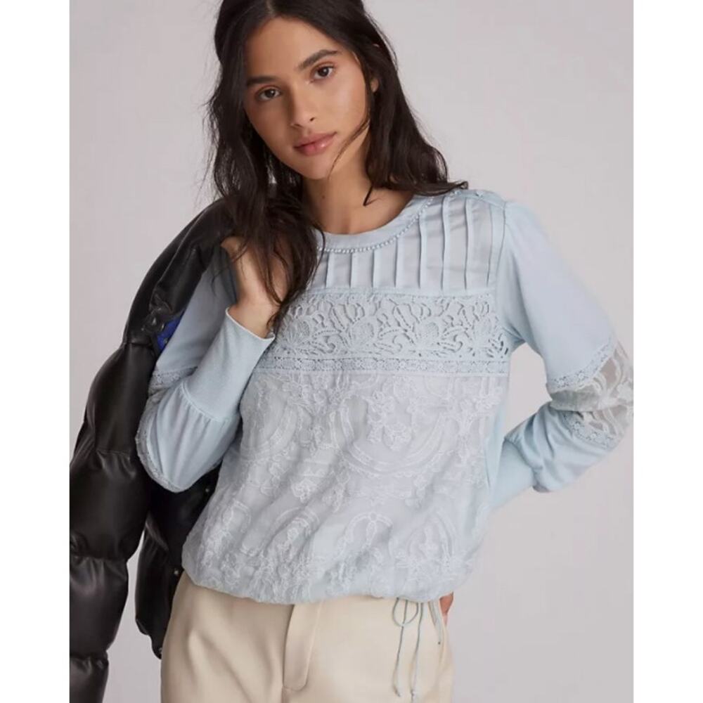 Anthropologie Tiny Pastel Blue Long Sleeve Pleated Crochet Lace Top Size Large